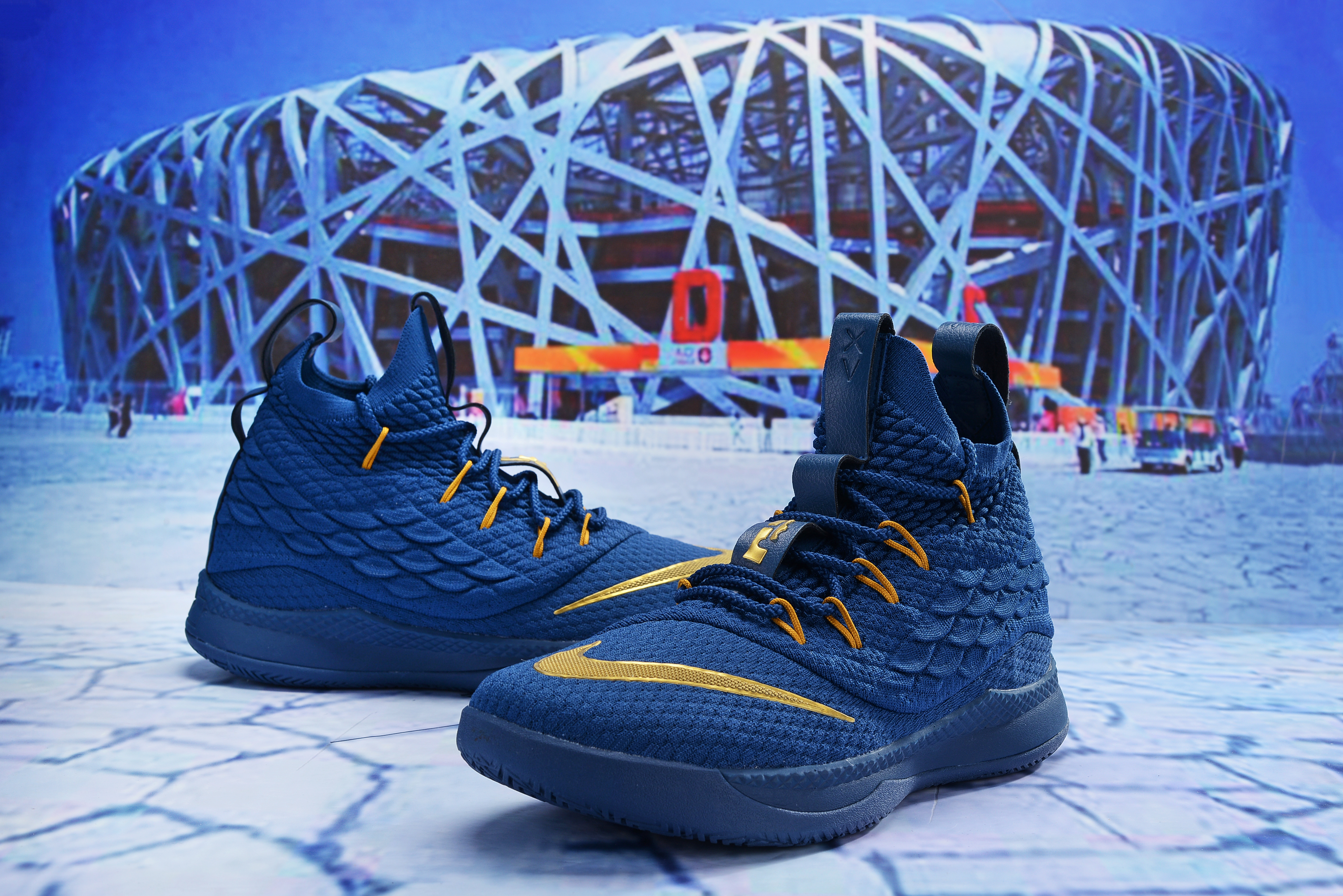 Men Nike LeBron 15.5 Sea Blue Gold Basketball Shoes